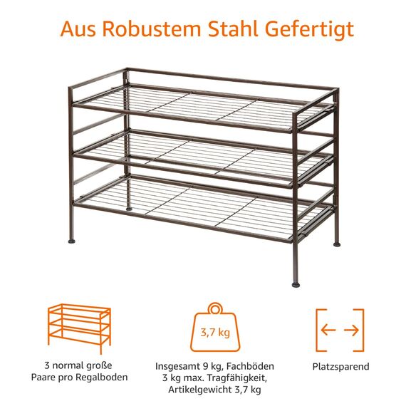 Amazon Basics 3-Lagiges Schuhregal Für 9 Paare, Braun, 68 D x 32 W x 47.5 H cm