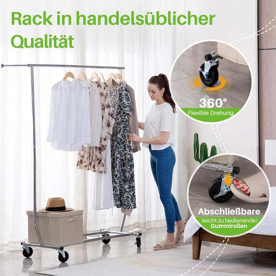 HOKEEPER 113kg Tragfähigkeit Kommerzielle Grade Kleidung Kleiderständer Heavy Duty Sing Rail Einstellbare zusammenklappbare Rolling Kleiderständer auf Rädern,Chrom Finish
