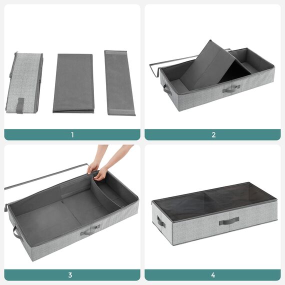SONGMICS Unterbettkommode, 2er Set, Unterbett Aufbewahrungsbox mit Sichtfenster, Faltbarer Organizer, unter dem Bett oder auf dem Schrank, Vliesstoff, platzsparend, grau RUB002G01