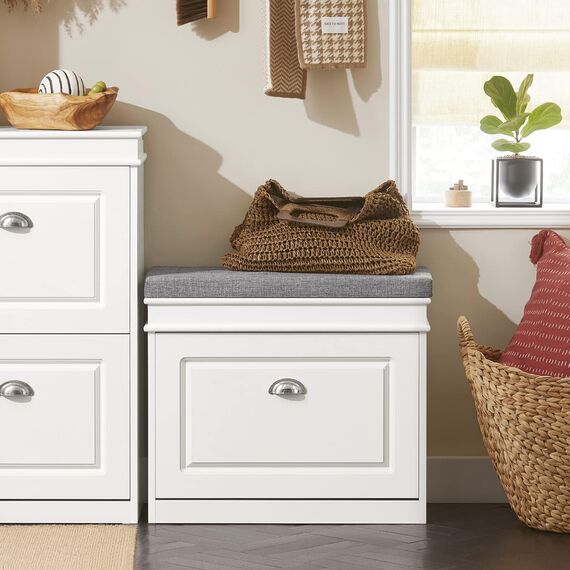 SoBuy Schuhbank mit Sitzkissen und Stauraum Schuhschrank mit Klappe, Schuhregal schmal platzsparende Sitzbank mit Stauraum für Flur, Wohnzimmer, Schlafzimmer, bis 150 kg, Weiß 60x51x24cm, FSR82-K-W