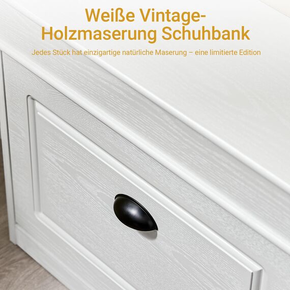 SoBuy Schuhbank mit Sitzkissen Stauraum Schuhschrank Schuhregal schmal platzsparende Sitzbank mit Stauraum für Flur, Wohnzimmer, Schlafzimmer, Weiß Vintage Holzmaserungseffekt 61x54x24cm FSR82-K-WG