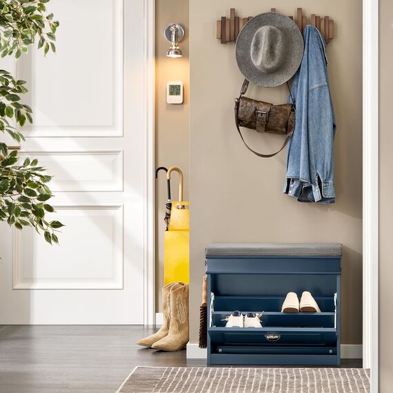 SoBuy Schuhbank mit Sitzkissen und Stauraum Schuhschrank mit Klappe, Schuhregal schmal platzsparende Sitzbank mit Stauraum für Flur, Wohnzimmer, Schlafzimmer, bis 150 kg, Blau, 60x52x24cm, FSR82-K-B