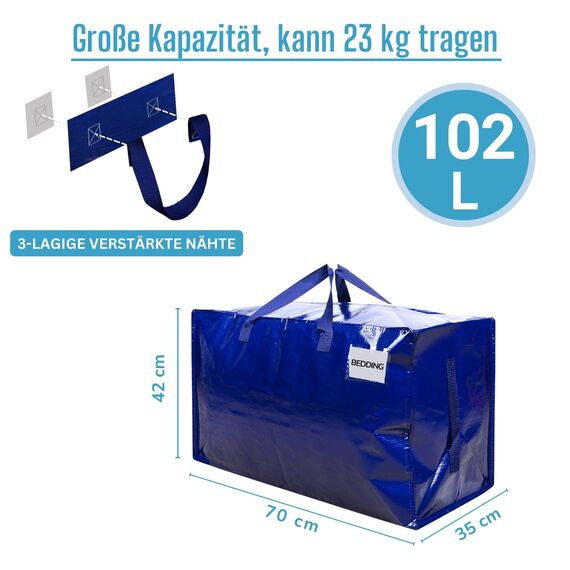 VENO 102 Liter Große Aufbewahrungstasche mit Deckel, Strapazierfähige Griffe und Reißverschlüssen für Umzug, Kleideraufbewahrung, Hausbedarf, wasserabweisend (Blau, 10er-Pack)