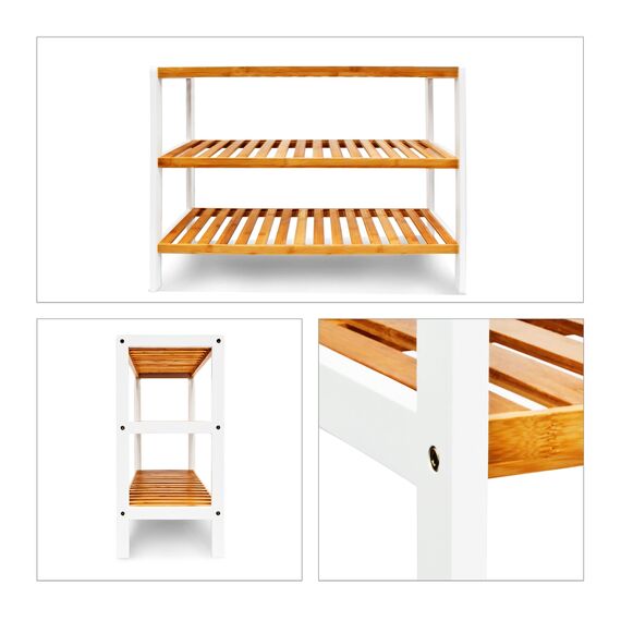 Relaxdays Schuhregal aus Bambus HxBxT: ca. 54,5 x 70 x 24,5 cm Schuhschrank mit 3 Ablagen Schuhablage für 9 Paar Schuhe als Schuhständer und Schuhaufbewahrung aus Holz stabiles Regal, natur und weiß