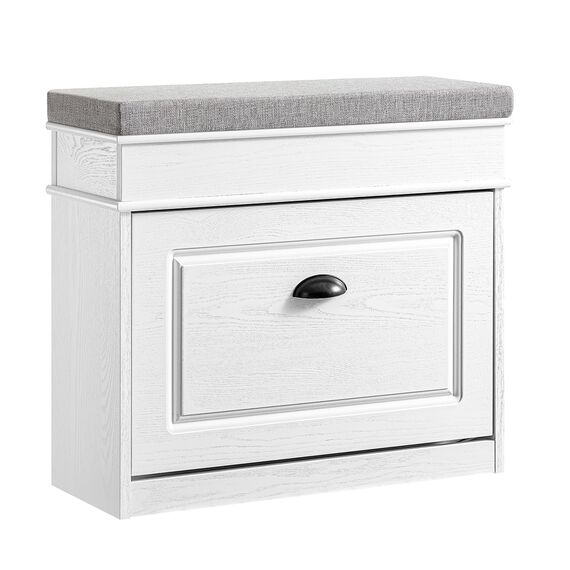 SoBuy Schuhbank mit Sitzkissen Stauraum Schuhschrank Schuhregal schmal platzsparende Sitzbank mit Stauraum für Flur, Wohnzimmer, Schlafzimmer, Weiß Vintage Holzmaserungseffekt 61x54x24cm FSR82-K-WG