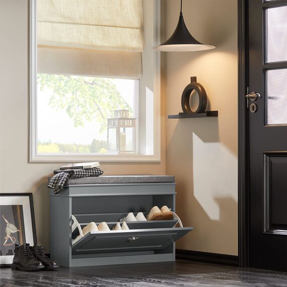 SoBuy Schuhbank mit Sitzkissen und Stauraum Schuhschrank mit Klappe, Schuhregal schmal platzsparende Sitzbank mit Stauraum für Flur, Wohnzimmer, Schlafzimmer, bis 150 kg Hellgrau 75x51x24cm FSR82-L-HG