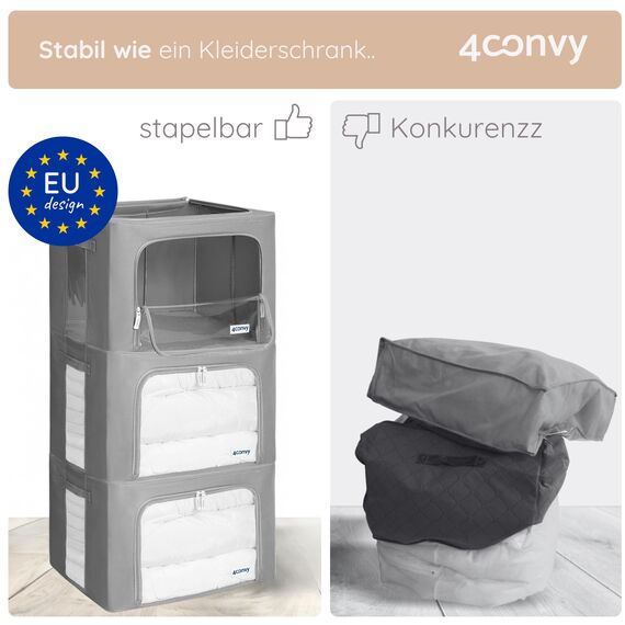 4CONVY Kleideraufbewahrung Kleiderschrank Box mit Reißverschluss Metallrahmen - große faltbare stapelbare Aufbewahrungsbox -3x66L Aufbewahrungstaschen - Kleiderbox für Bettdecke Kleidung Aufbewahrung