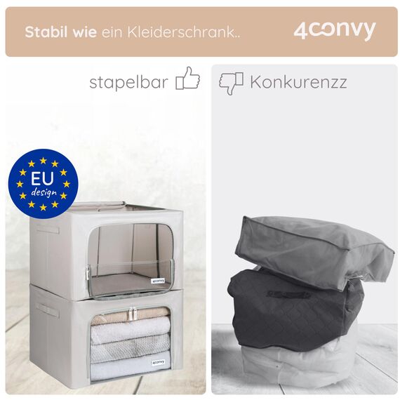 4CONVY Kleideraufbewahrung Kleiderschrank Box mit Reißverschluss Metallrahmen - große faltbare stapelbare Aufbewahrungsbox -2x66L Aufbewahrungstaschen - Kleiderbox für Bettdecke Kleidung Aufbewahrung
