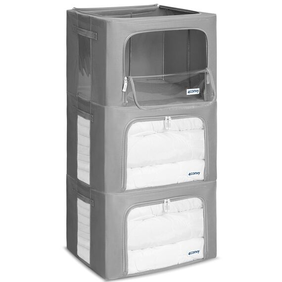 4CONVY Kleideraufbewahrung Kleiderschrank Box mit Reißverschluss Metallrahmen - große faltbare stapelbare Aufbewahrungsbox -3x66L Aufbewahrungstaschen - Kleiderbox für Bettdecke Kleidung Aufbewahrung