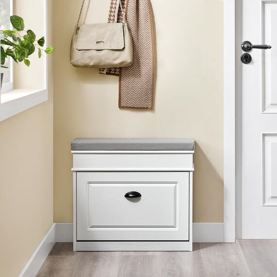 SoBuy Schuhbank mit Sitzkissen Stauraum Schuhschrank Schuhregal schmal platzsparende Sitzbank mit Stauraum für Flur, Wohnzimmer, Schlafzimmer, Weiß Vintage Holzmaserungseffekt 61x54x24cm FSR82-K-WG