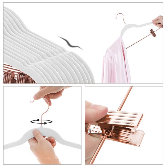 SONGMICS Hosenbügel, 24 Stück, 42 cm, Kleiderbügel mit verstellbaren Zangen und Haken in Roségold, rutschfest, platzsparend, für Röcke, Weiß CRF014W01, Standard