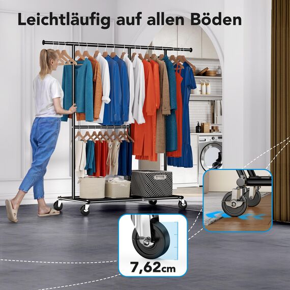 HOKEEPER Schwerlast Kleiderständer auf Rollen, bis 150 kg Belastbarkeit, strapazierfähige Kleiderstange mit Ablageflächen zum Aufhängen, für Schlafzimmer, Büro, Geschäft, verchromter Stahl, schwarz