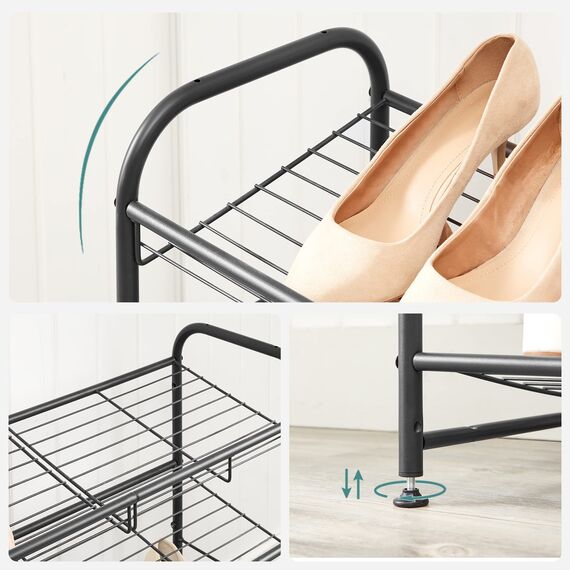 SONGMICS Schuhregal mit 2 Ablagen, stapelbarer Schuh-Organizer, für bis zu 8 Paar Schuhe, aus Stahl, 68,5 x 27,5 x 37 cm, für High Heels, Turnschuhe, Hausschuhe, schwarz LMR065B01