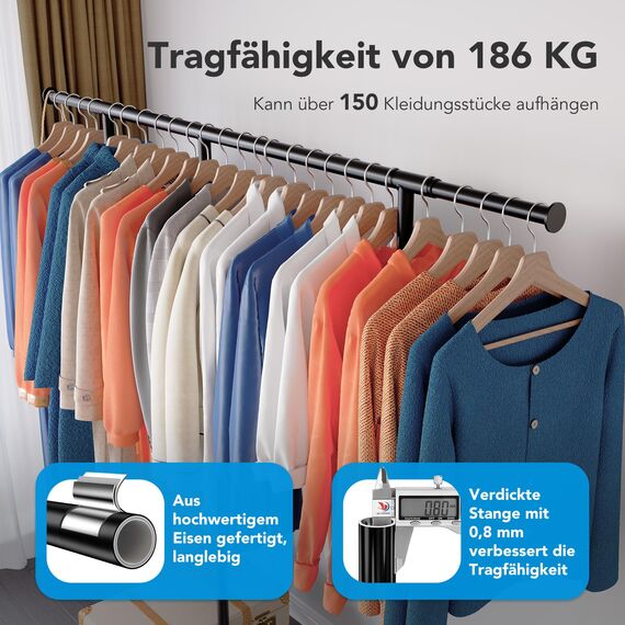 HOKEEPER Schwerlast Kleiderständer auf Rollen, bis 150 kg Belastbarkeit, strapazierfähige Kleiderstange mit Ablageflächen zum Aufhängen, für Schlafzimmer, Büro, Geschäft, verchromter Stahl, schwarz