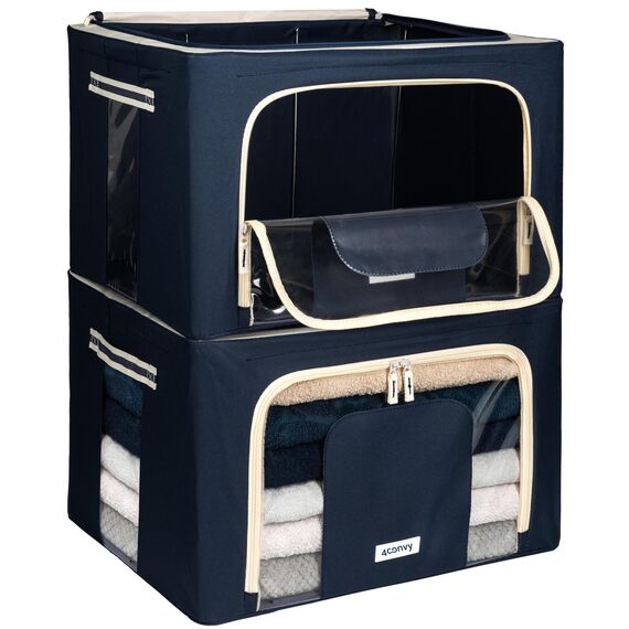 4CONVY Kleideraufbewahrung Kleiderschrank Box mit Reißverschluss Metallrahmen - große faltbare stapelbare Aufbewahrungsbox -2x66L Aufbewahrungstaschen - Kleiderbox für Bettdecke Kleidung Aufbewahrung