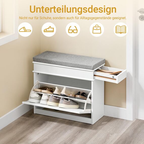 SoBuy Schuhbank mit Sitzkissen Stauraum Schuhschrank Schuhregal schmal platzsparende Sitzbank mit Stauraum für Flur, Wohnzimmer, Schlafzimmer, Weiß Vintage Holzmaserungseffekt 61x54x24cm FSR82-K-WG