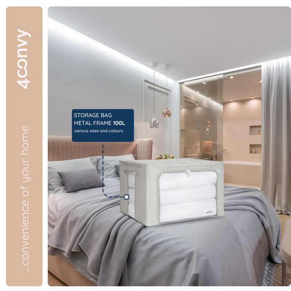 4CONVY Kleideraufbewahrung Kleiderschrank Box mit Reißverschluss Metallrahmen - große faltbare stapelbare Aufbewahrungsbox -3x100L Aufbewahrungstaschen - Kleiderbox für Bettdecke Kleidung Aufbewahrung