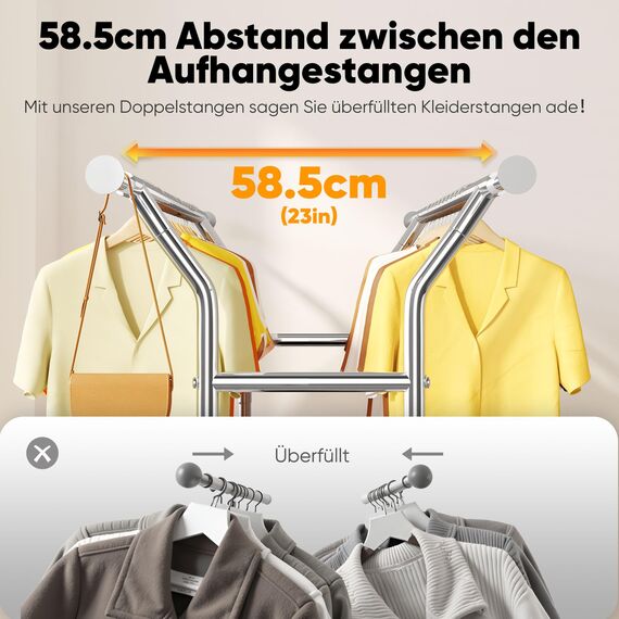 HOKEEPER Schwerlast Kleiderständer auf Rollen, Doppelter Kleiderstange, bis 283 kg belastbar, Industrie-Design, Garderobenständer mit Ablage& Wäschekorb,ausziehbare Länge und Höhe,Chorm