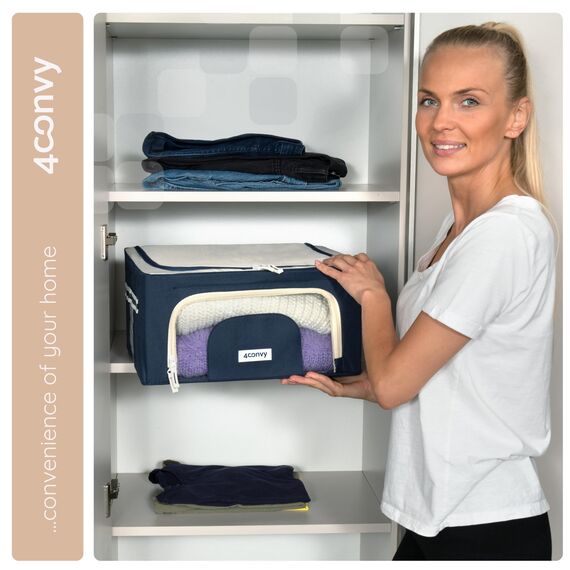 4CONVY Kleideraufbewahrung Kleiderschrank Box mit Reißverschluss Metallrahmen - große faltbare stapelbare Aufbewahrungsbox -3x24L Aufbewahrungstaschen - Kleiderbox für Bettdecke Kleidung Aufbewahrung