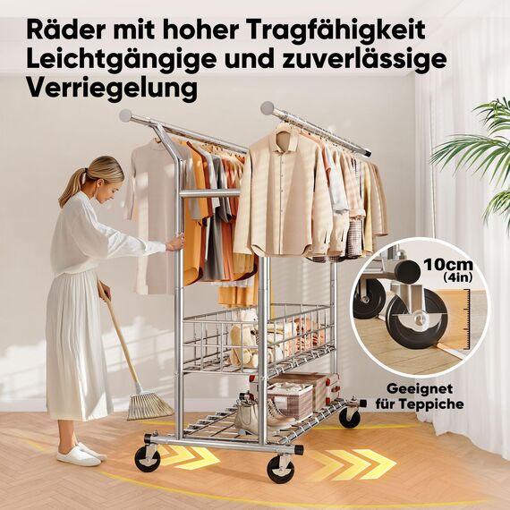 HOKEEPER Schwerlast Kleiderständer auf Rollen, Doppelter Kleiderstange, bis 283 kg belastbar, Industrie-Design, Garderobenständer mit Ablage& Wäschekorb,ausziehbare Länge und Höhe,Chorm