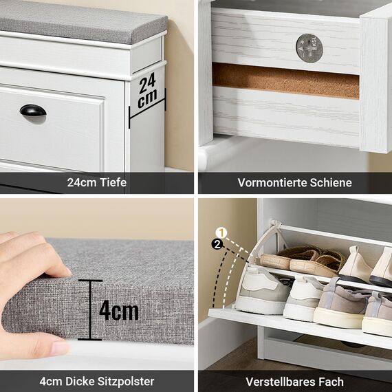 SoBuy Schuhbank mit Sitzkissen Stauraum Schuhschrank Schuhregal schmal platzsparende Sitzbank mit Stauraum für Flur, Wohnzimmer, Schlafzimmer, Weiß Vintage Holzmaserungseffekt 61x54x24cm FSR82-K-WG