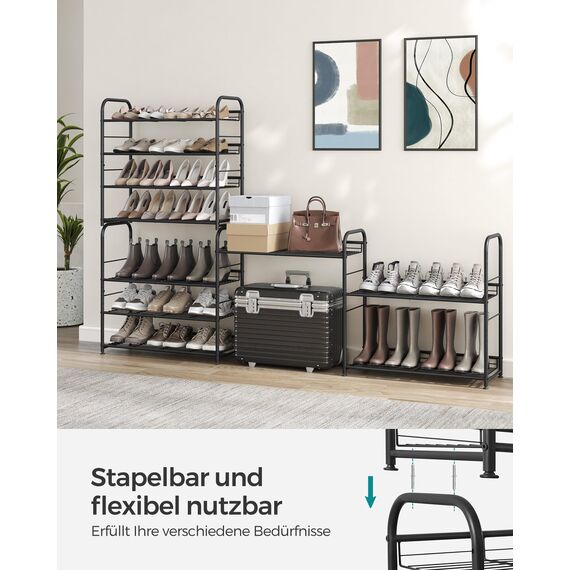 SONGMICS Schuhregal mit 4 Ablagen, stapelbarer Schuh-Organizer, für bis zu 16 Paar Schuhe, aus Stahl, 68,5 x 27,5 x 65 cm, für High Heels, Turnschuhe, Hausschuhe, schwarz LMR067B01