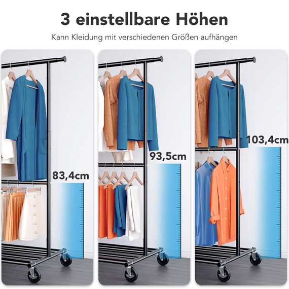 HOKEEPER Schwerlast Kleiderständer auf Rollen, bis 150 kg Belastbarkeit, strapazierfähige Kleiderstange mit Ablageflächen zum Aufhängen, für Schlafzimmer, Büro, Geschäft, verchromter Stahl, schwarz
