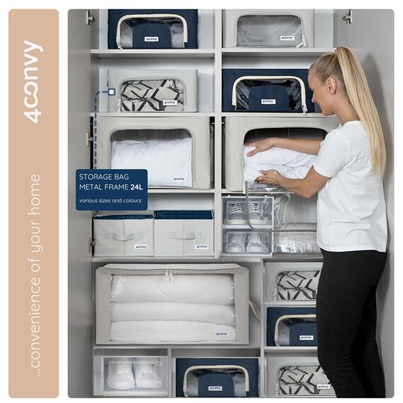 4CONVY Kleideraufbewahrung Kleiderschrank Box mit Reißverschluss Metallrahmen - große faltbare stapelbare Aufbewahrungsbox -2x24L Aufbewahrungstaschen - Kleiderbox für Bettdecke Kleidung Aufbewahrung