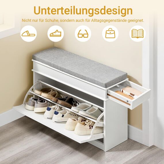 SoBuy Schuhbank mit Sitzkissen Stauraum Schuhschrank Schuhregal schmal platzsparende Sitzbank mit Stauraum für Flur, Wohnzimmer, Schlafzimmer, Weiß Vintage Holzmaserungseffekt 75x54x24cm FSR82-L-WG