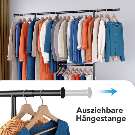 HOKEEPER Schwerlast Kleiderständer auf Rollen, bis 150 kg Belastbarkeit, strapazierfähige Kleiderstange mit Ablageflächen zum Aufhängen, für Schlafzimmer, Büro, Geschäft, verchromter Stahl, schwarz