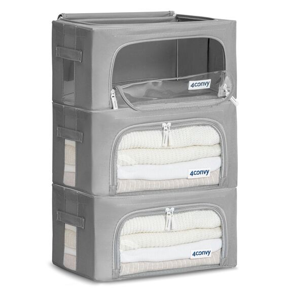4CONVY Kleideraufbewahrung Kleiderschrank Box mit Reißverschluss Metallrahmen - große faltbare stapelbare Aufbewahrungsbox -3x24L Aufbewahrungstaschen - Kleiderbox für Bettdecke Kleidung Aufbewahrung