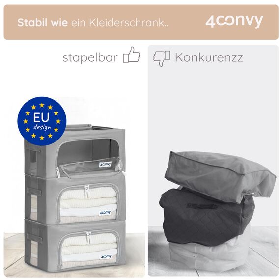 4CONVY Kleideraufbewahrung Kleiderschrank Box mit Reißverschluss Metallrahmen - große faltbare stapelbare Aufbewahrungsbox -3x24L Aufbewahrungstaschen - Kleiderbox für Bettdecke Kleidung Aufbewahrung