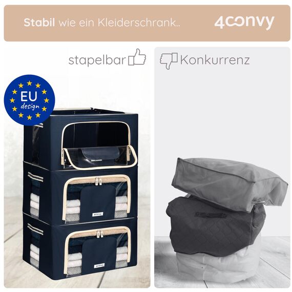 4CONVY Kleideraufbewahrung Kleiderschrank Box mit Reißverschluss Metallrahmen - große faltbare stapelbare Aufbewahrungsbox -3x24L Aufbewahrungstaschen - Kleiderbox für Bettdecke Kleidung Aufbewahrung