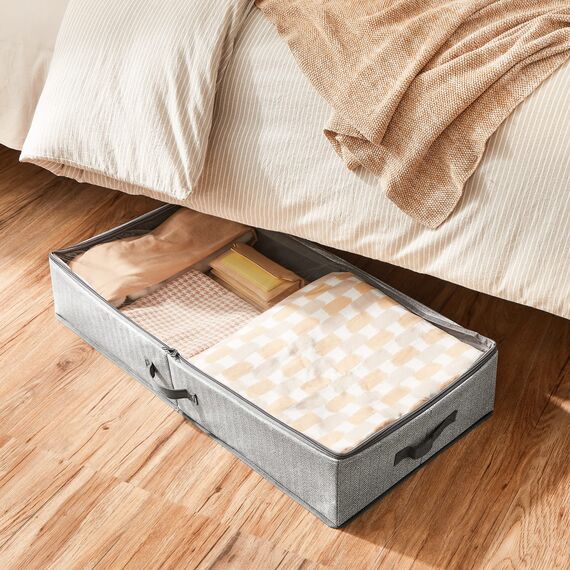 SONGMICS Unterbettkommode, 2er Set, Unterbett Aufbewahrungsbox mit Sichtfenster, Faltbarer Organizer, unter dem Bett oder auf dem Schrank, Vliesstoff, platzsparend, grau RUB002G01