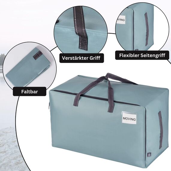 VENO 102 Liter Große Aufbewahrungstasche mit Deckel, Strapazierfähige Griffe und Reißverschlüssen für Umzug, Kleideraufbewahrung, Hausbedarf, wasserabweisend (Hellblau, 4er-Pack)