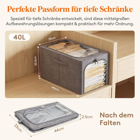 Lifewit 6 Stück Kleideraufbewahrungsbehälter mit Metallrahmen, Faltbare Aufbewahrungsbox mit Deckel, 40L Stapelbare Aufbewahrungsbeutel Stoffbehälter Organizer mit Klarsichtfenster, Robuste Griffe