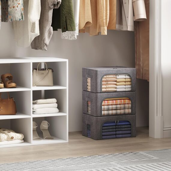 Lifewit 25L Aufbewahrungsbox mit Deckel, Kleidung Aufbewahrung, Faltbare Kleideraufbewahrung mit Metallrahmen, Stoffbox mit Griffen & Fenster, Aufbewahrung Kleiderschrank, 2er Set, Hellgrau