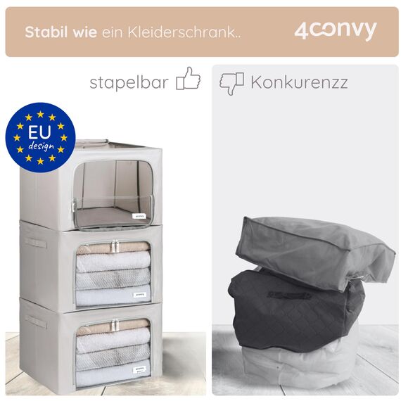 4CONVY Kleideraufbewahrung Kleiderschrank Box mit Reißverschluss Metallrahmen - große faltbare stapelbare Aufbewahrungsbox -3x66L Aufbewahrungstaschen - Kleiderbox für Bettdecke Kleidung Aufbewahrung