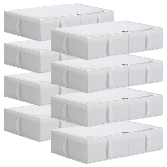 TYEERS Unterbett Aufbewahrungsbox mit Deckel, Strapazierfähiger Stoff, Waschbar, Zusammenklappbar, Boxen Aufbewahrung für Kleidung, Decken, Bettwäsche, Schuhe, 70x42x18 cm, 8er-Pack, Weiß