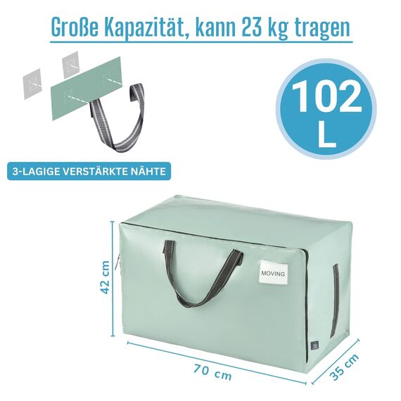 VENO 102 Liter Große Aufbewahrungstasche mit Deckel, Strapazierfähige Griffe und Reißverschlüssen für Umzug, Kleideraufbewahrung, Hausbedarf, wasserabweisend (Hellgrün, 2er-Pack)