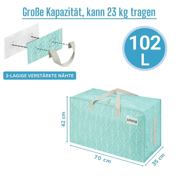 VENO 102 Liter Große Aufbewahrungstasche mit Deckel, Strapazierfähige Griffe und Reißverschlüssen für Umzug, Kleideraufbewahrung, Hausbedarf, wasserabweisend (Immergrün 4er-Pack)