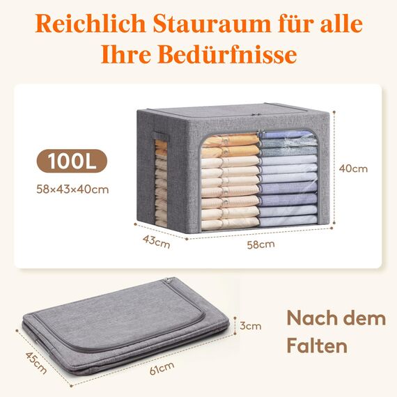 Lifewit 100L Aufbewahrungsbox mit Deckel, Kleidung Aufbewahrung, Faltbare Kleideraufbewahrung mit Metallrahmen, Stoffbox mit Griffen & Fenster, Aufbewahrung Kleiderschrank, 4er Set, Hellgrau