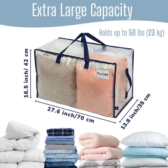 VENO 102 Liter Große Aufbewahrungstasche mit Deckel, Strapazierfähige Griffe und Reißverschlüssen für Umzug, Kleideraufbewahrung, Hausbedarf, wasserabweisend (Transparent, 2er-Pack)