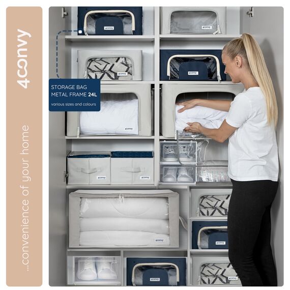 4CONVY Kleideraufbewahrung Kleiderschrank Box mit Reißverschluss Metallrahmen - große faltbare stapelbare Aufbewahrungsbox -2x24L Aufbewahrungstaschen - Kleiderbox für Bettdecke Kleidung Aufbewahrung