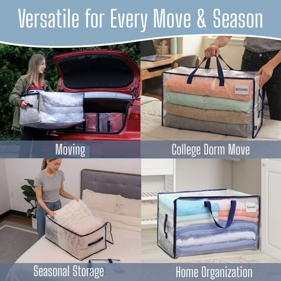 VENO 102 Liter Große Aufbewahrungstasche mit Deckel, Strapazierfähige Griffe und Reißverschlüssen für Umzug, Kleideraufbewahrung, Hausbedarf, wasserabweisend (Transparent, 8er-Pack)