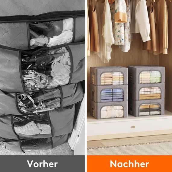 Lifewit 25L Aufbewahrungsbox mit Deckel, Kleidung Aufbewahrung, Faltbare Kleideraufbewahrung mit Metallrahmen, Stoffbox mit Griffen & Fenster, Aufbewahrung Kleiderschrank, 6er Set, Hellgrau