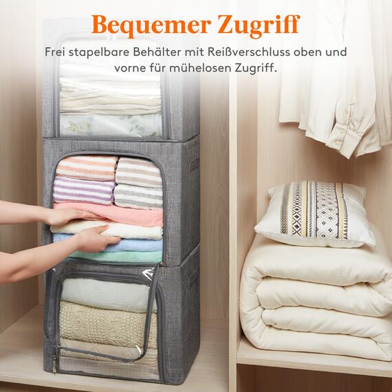 Lifewit 40L Aufbewahrungsbox mit Deckel, Kleidung Aufbewahrung, Faltbare Kleideraufbewahrung mit Metallrahmen, Stoffbox mit Griffen & Fenster, Aufbewahrung Kleiderschrank, 2er Set, Hellgrau