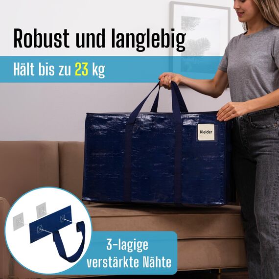 VENO 102 Liter Große Aufbewahrungstasche, Aufbewahrungsbox mit Deckel, Starke Griffe Umzugstaschen mit Reißverschlüssen, Alternative Umzugskartons, Faltbare Kleideraufbewahrung (Blau, 6er Pack)