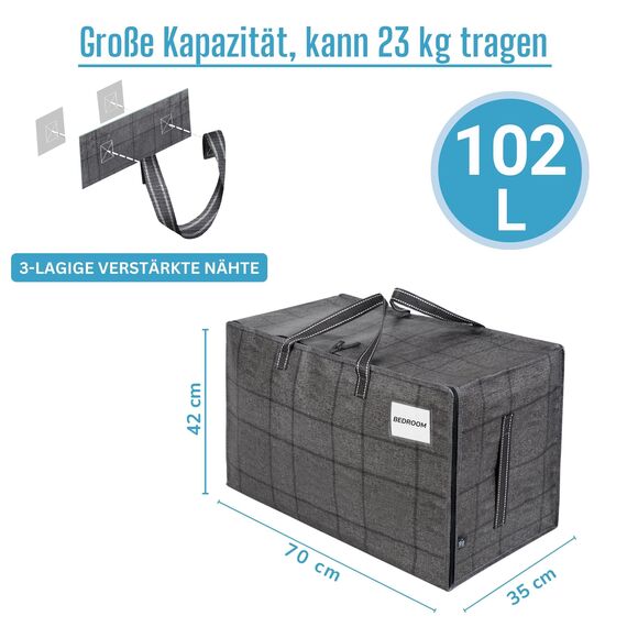 VENO 102 Liter Große Aufbewahrungstasche mit Deckel, Strapazierfähige Griffe und Reißverschlüssen für Umzug, Kleideraufbewahrung, Hausbedarf, wasserabweisend (Schwarzes Fenstertuch, 8er-Pack)