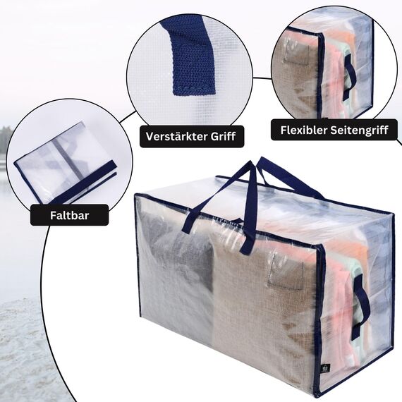 VENO 102 Liter Große Aufbewahrungstasche mit Deckel, Strapazierfähige Griffe und Reißverschlüssen für Umzug, Kleideraufbewahrung, Hausbedarf, wasserabweisend (Transparent, 10er-Pack)